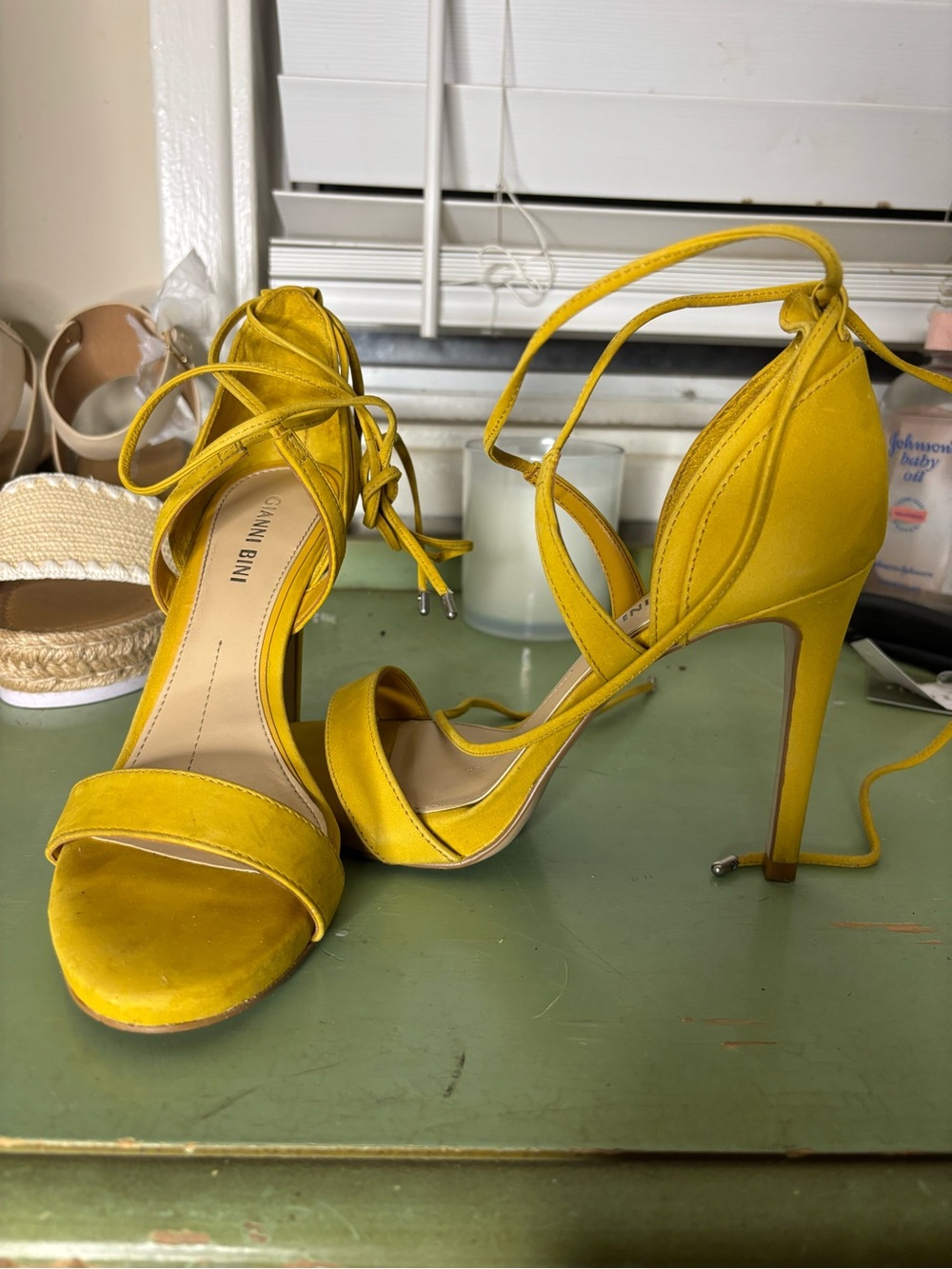 Gianni Bini Mustard Yellow Lace-Up Stiletto Sandals